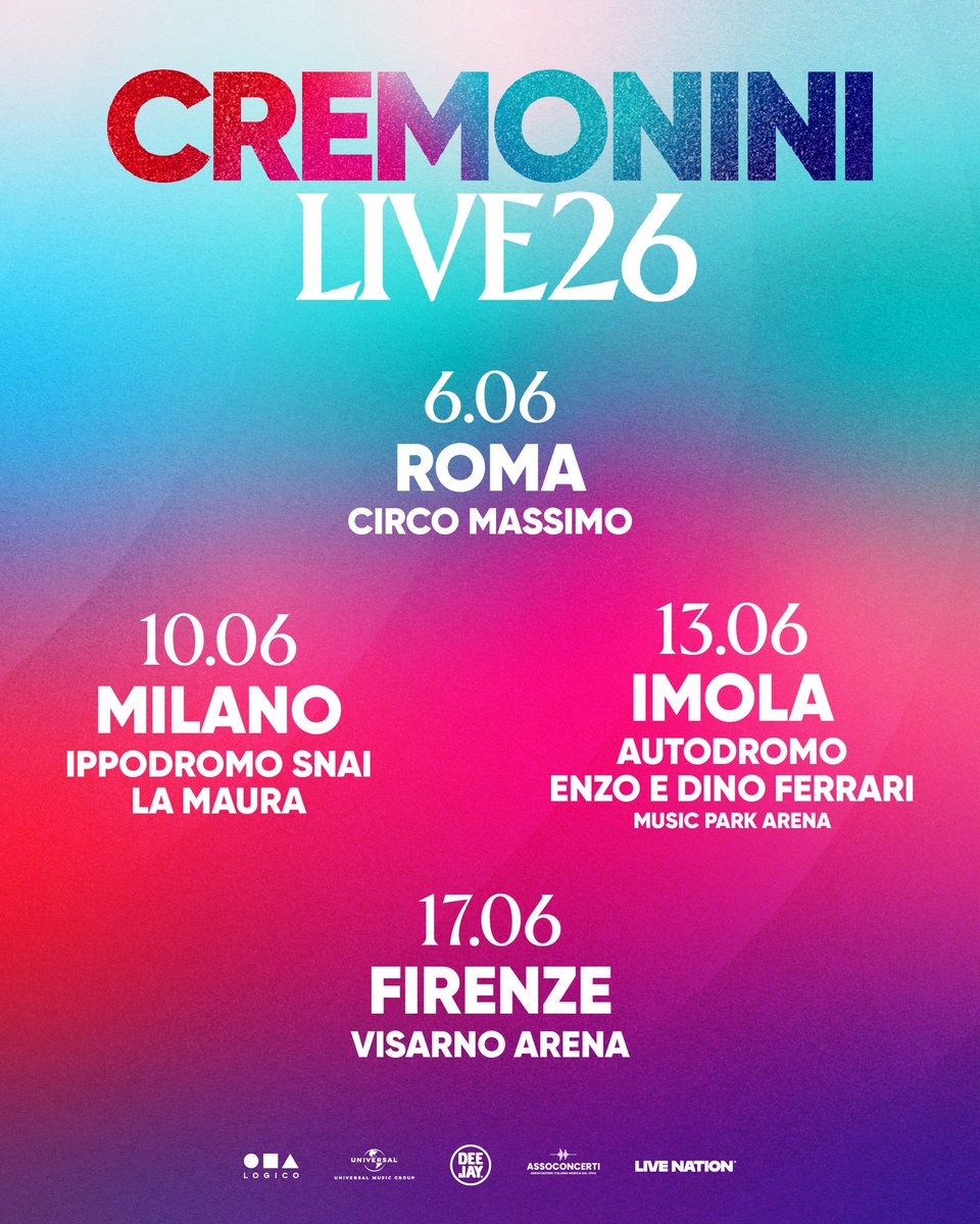 #CremoniniLIVE26 👑 entra nei luoghi più iconici della musica live per quattro eventi memorabili. Sono felice di annunciarvi le date del 2026. Info su <a href="/LiveNationIT/">Live Nation Italia</a>