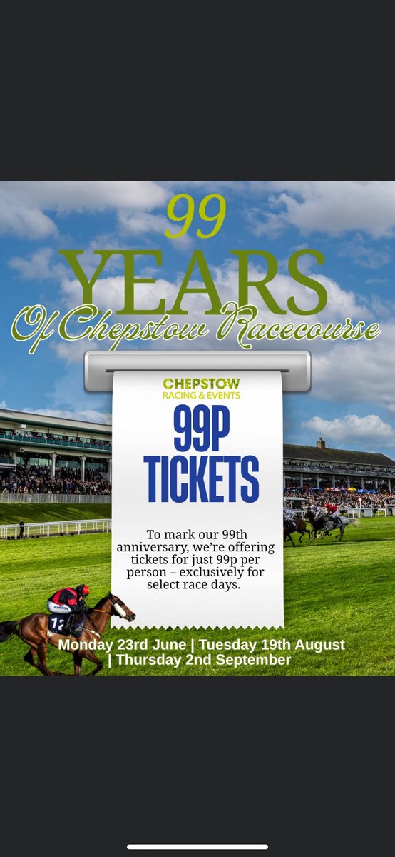 To celebrate our upcoming centenary year in 2026, we are launching a special 99p ticket offer celebrating 99 years of Chepstow racecourse
For the next 48 hours, we have changed the ticket price on 3 selected dates to 99p only
Price lasts for 48 hours only

chepstow-racecourse.co.uk/whats-on/monda…