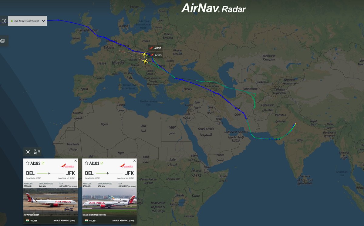 airlivenet's tweet photo. Both Air India #AI193 and #AI101 to New York JFK were over Iran during Israel's airstrikes https://t.co/6NOxeBGjNN https://t.co/iHZ3LiVqfd