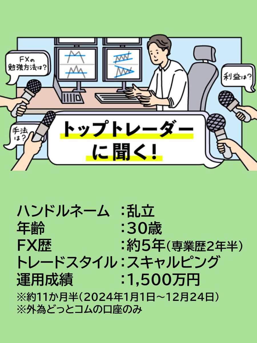 トップトレーダーに聞く！】 乱立氏は、フードデリバリー配達のアルバイトで貯めた50万円を元手に国内FXに挑戦。そのわずか２年後には、年間１億3,000万円の過去最高益（ご本人談）を獲得できたトレード手法を伺いました。（※利益は、当社以外分も含む）  #FX #投資 #外為 ...