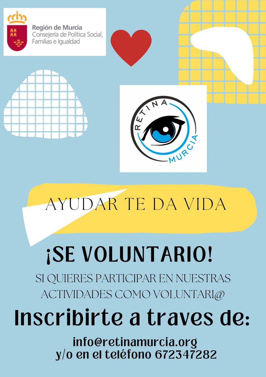 Asociación Retina Murcia (@retinamurcia) on Twitter photo ¿Quieres ser voluntari@ en Retina Murcia?😄
La asociacion continua día a día fomentando el papel de los voluntari@s con personas con discapacidad visual.
puedes inscribirte a traves de info@retinamurcia.org o en el telefono 672347282
Animate a participar!👍🏻 ¿Quieres ser voluntari@ en Retina Murcia?😄
La asociacion continua día a día fomentando el papel de los voluntari@s con personas con discapacidad visual.
puedes inscribirte a traves de info@retinamurcia.org o en el telefono 672347282
Animate a participar!👍🏻