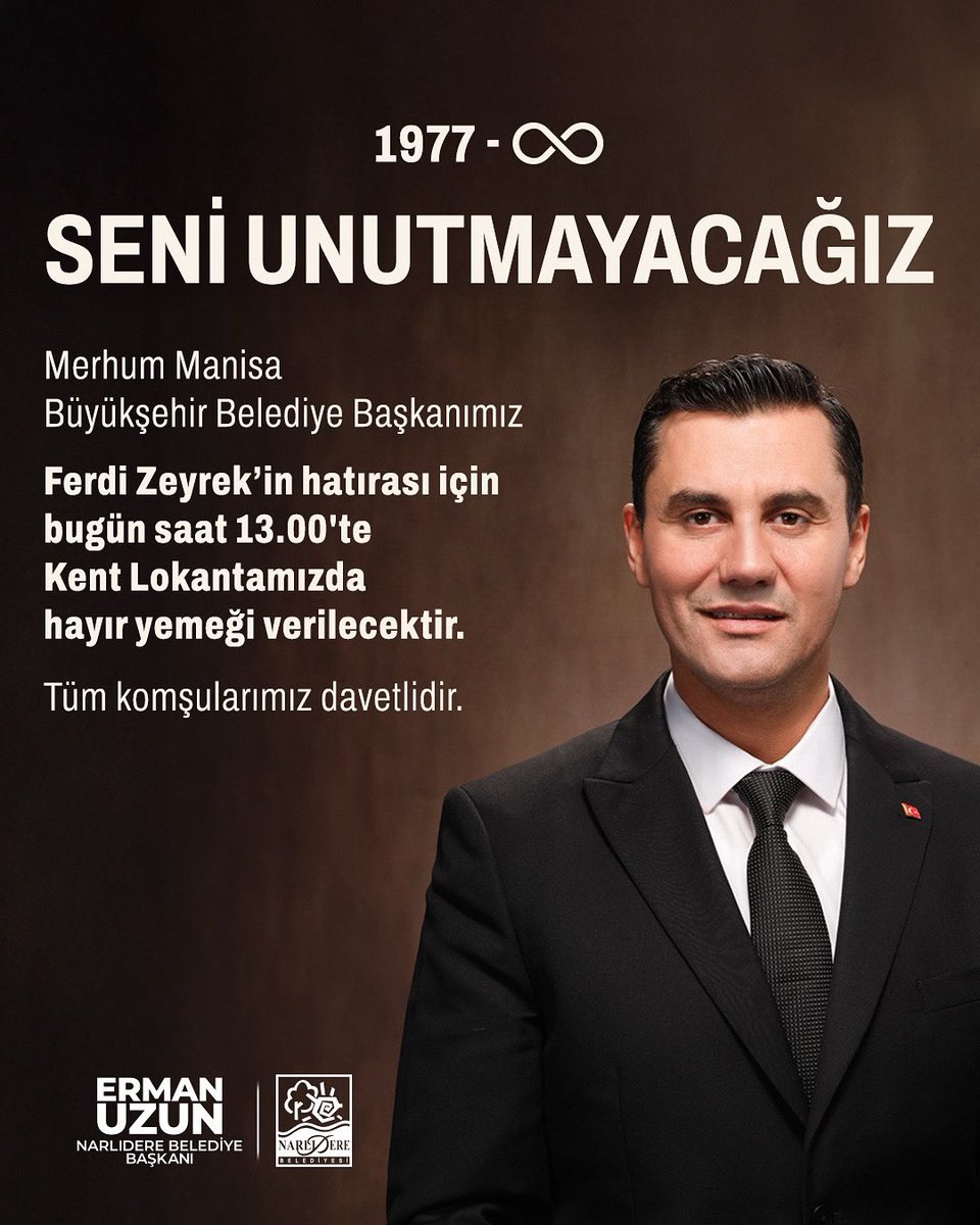 Merhum Manisa Büyükşehir Belediye Başkanımız Ferdi Zeyrek’in hatırası için bugün saat 13.00'te Kent Lokantamızda hayır yemeği verilecektir. 

Tüm komşularımız davetlidir.