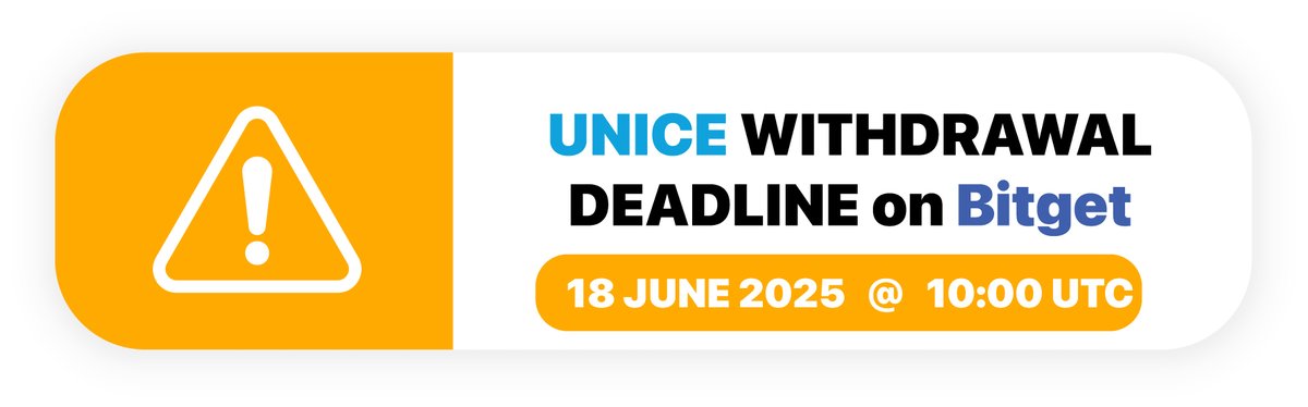 ⏰ Final call: Bitget withdrawals for $UNICE close on 18 June 2025 : 10:00UTC. Still holding? Move NOW! 

👉 Trade on <a href="/MEXC_Official/">MEXC</a> &amp; <a href="/CoinWOfficial/">CoinW</a>, or withdraw to any BEP-20 wallet on BSC. Don’t miss the deadline! #UNICE #Crypto