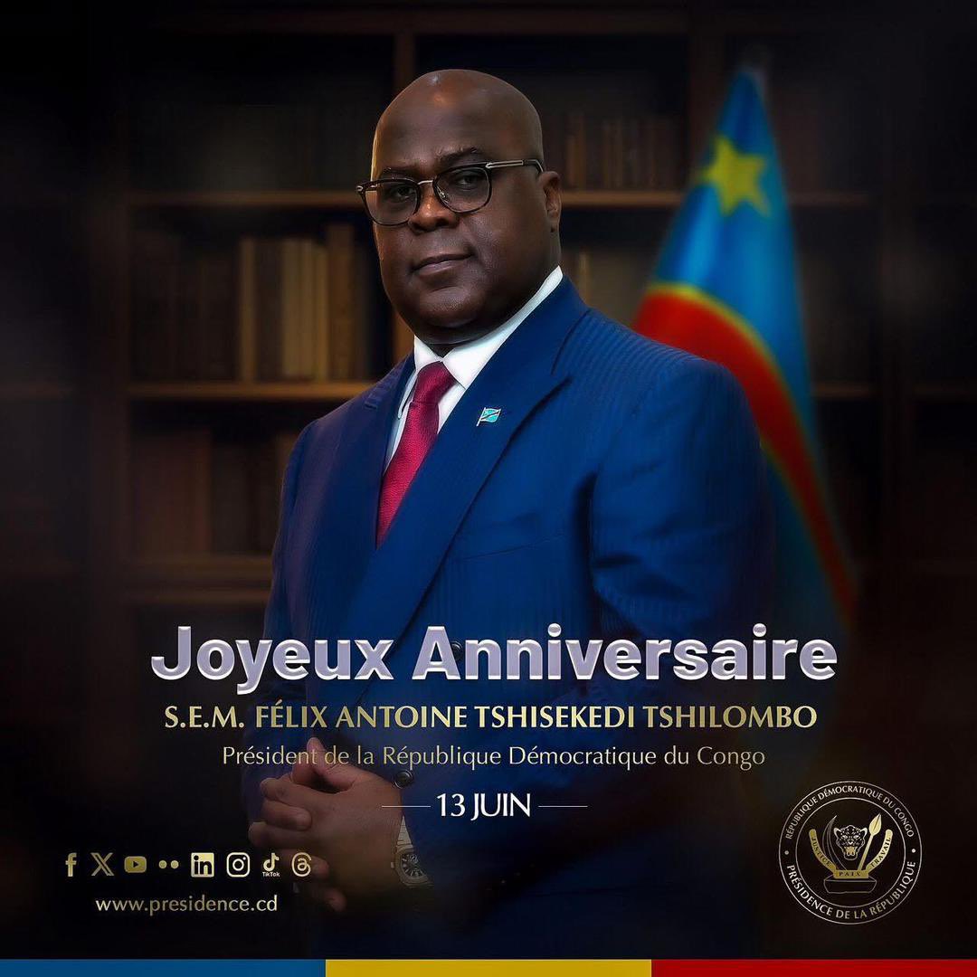 Peuple congolais, ensemble avec moi souhaitons un joyeux anniversaire à Son Excellence Monsieur le Président Félix Antoine Tshisekedi Tshilombo, un homme d’État engagé, visionnaire et résolument tourné vers l’avenir de notre nation.

En ce 13 juin, nous célébrons non seulement sa