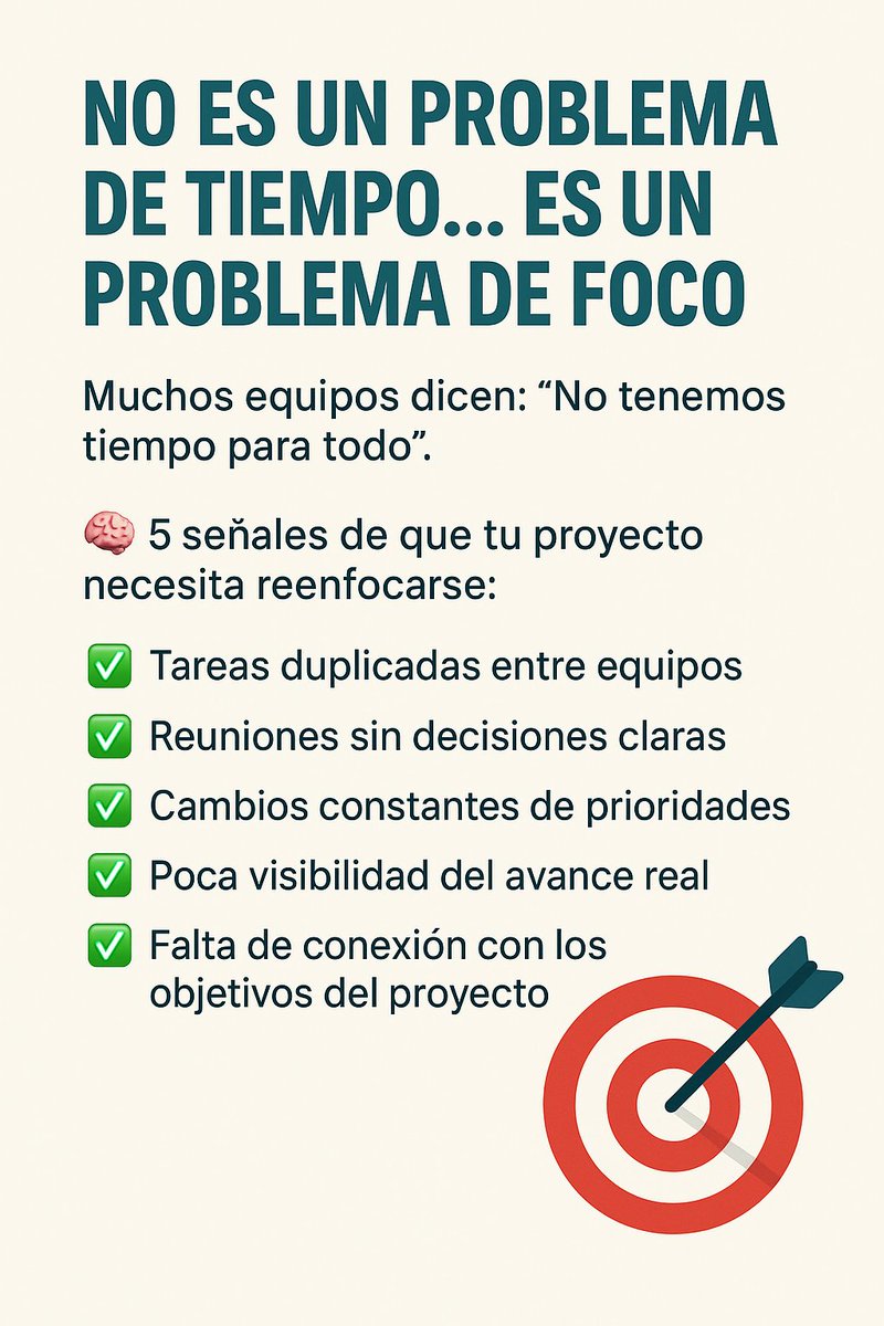 DataSe0's tweet image. 🧠 El problema no es el tiempo. Es el FOCO.
Muchos equipos dicen &quot;no nos da la vida&quot;, pero...
👉 Tareas duplicadas
👉 Reuniones sin decisiones
👉 Prioridades q cambian cada día
👉 Sin visibilidad real
📌 Tu proyecto no necesita + horas, necesita claridad.
#PMO #ProjectManagement