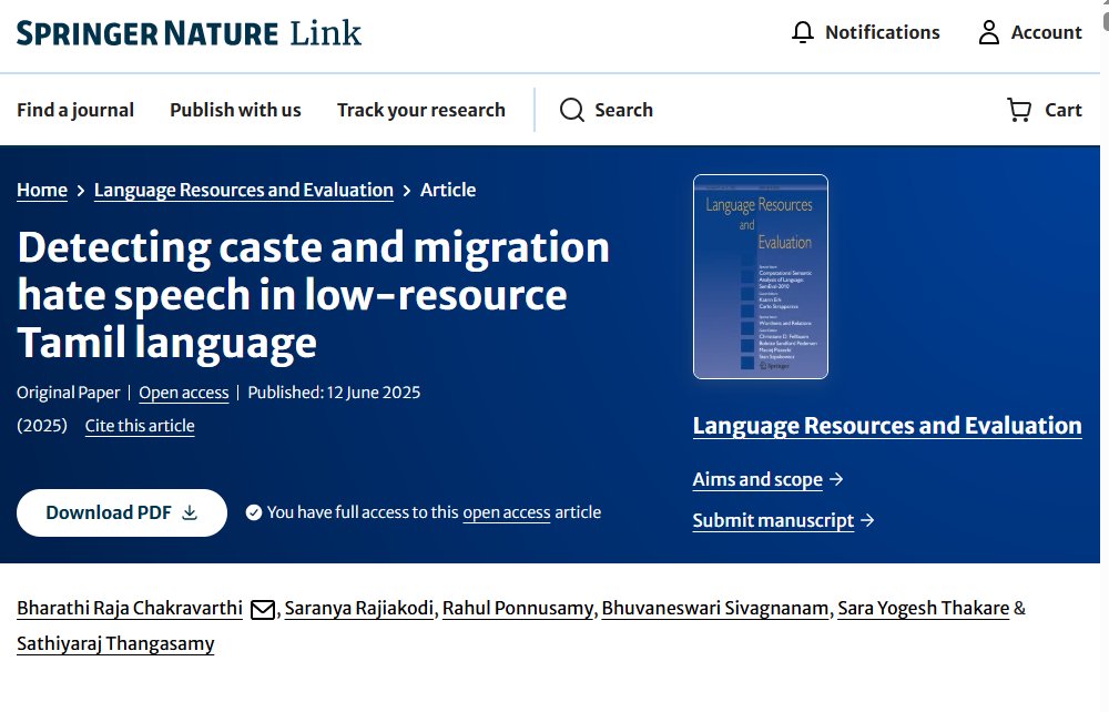 our paper "Detecting #caste and #Migration  hate speech in low-resource #Tamil  language" is now published in the Language Resources and Evaluation (LRE) journal <a href="/UNLP_Galway/">Unit for Natural Language Processing</a> <a href="/galwaycs/">School of Computer Science, University of Galway</a> link.springer.com/article/10.100…