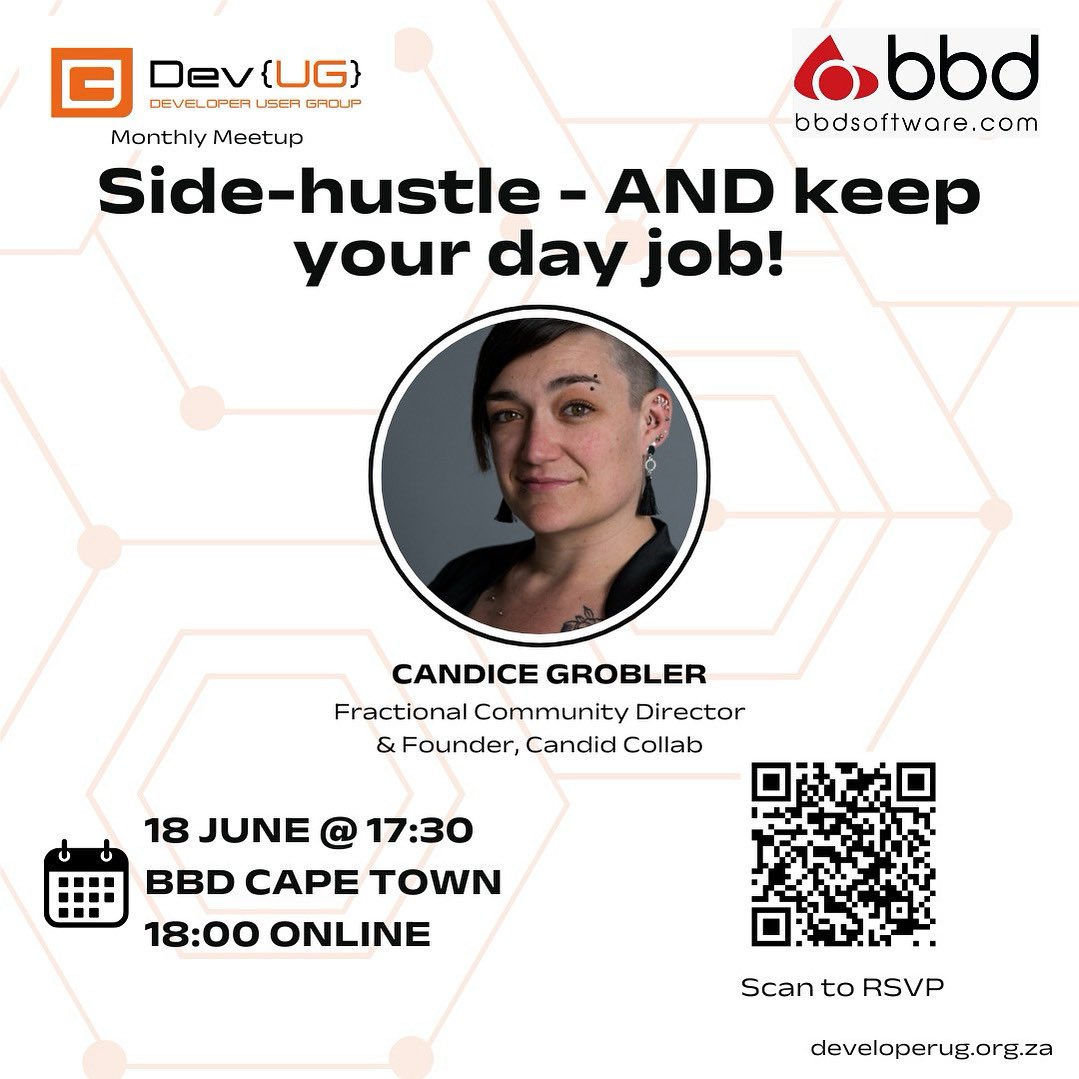 DeveloperUG's tweet image. Join us on Wednesday 18 June at @bbdsoftware CPT.

Candice Grobler will show you how you can go about the daring task of switching from &quot;developer&quot; to &quot;entrepreneur&quot; - without risking your day job!

RSVP below!
In-person: lnkd.in/eRxVqx2E
Online: lnkd.in/eNqs4-25