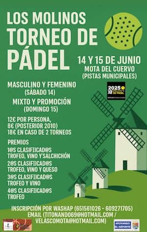 Este fin de semana se celebrará a partir de las 9:00 h.  el XI TORNEO DE PÁDEL "LOS MOLINOS", 3ª prueba del XII CIRCUITO DE #PADEL  "DIPUTACIÓN DE #CUENCA"

LUGAR:  PISTAS MUNICIPALES
SÁBADO: MASCULINO Y FEMENINO
DOMINGO: MIXTO Y PROMOCIÓN

@dipucuenca
#dipucuenca #motadelcuervo