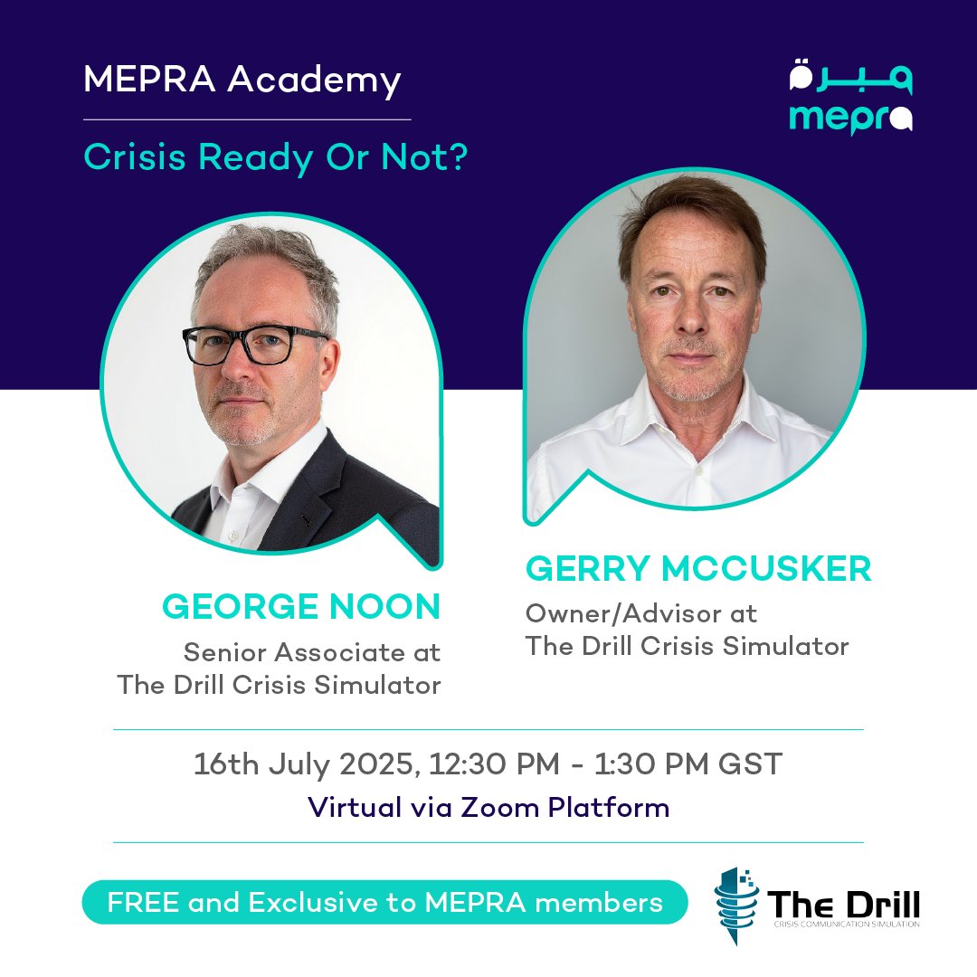 🎓MEPRA Academy:Crisis Ready Or Not?🎓

Stop guessing your actual level of crisis capability or skill; take the test!

In a 1-hour webinar The Drill Crisis Simulator will show you an optimal way to audit your organisation’s state of crisis readiness.

The Drill's Express Crisis