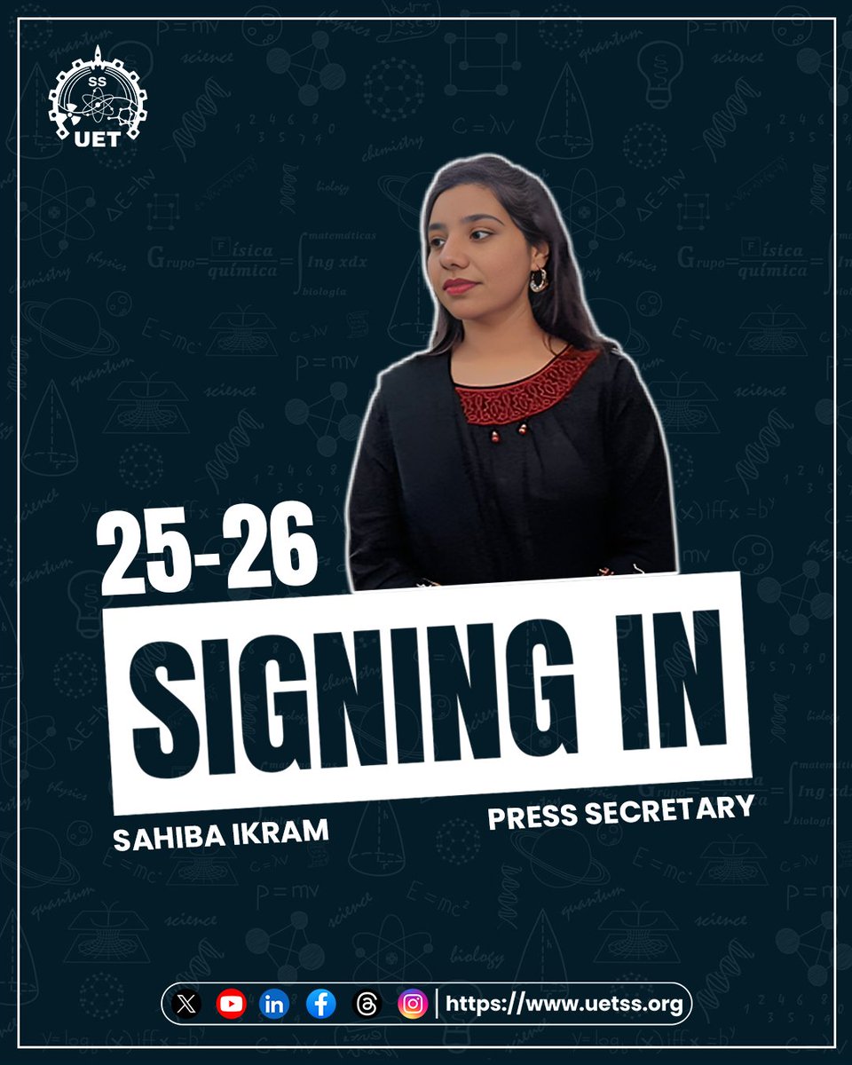 UET_SS's tweet photo. UET Science Society is excited to welcome Sahiba Ikram as our Press Secretary for 2025–2026.

#sciencesociety #uet #uetss #signingin #welcome https://t.co/44uKanzPbR