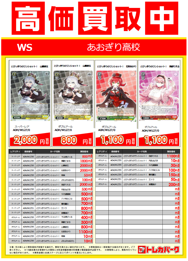 ヴァイスシュヴァルツ】 あおぎり高校の買取表です！ どんどんお