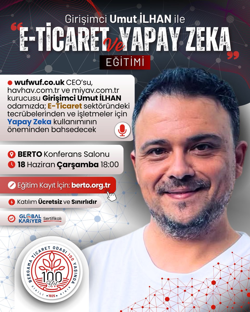 Girişimci Umut İlhan, odamızda; E-Ticaret sektöründeki tecrübelerinden ve işletmeler için Yapay Zeka kullanımının öneminden bahsedecek 🎙

📌 Eğitime Kayıt: berto.org.tr/etkinlik/e-tic…

🔴 18 Haziran 2025 | 18:00
🔴 BERTO Konferans Salonu

SERTİFİKALI ve KATILIM SINIRLIDIR 🎯