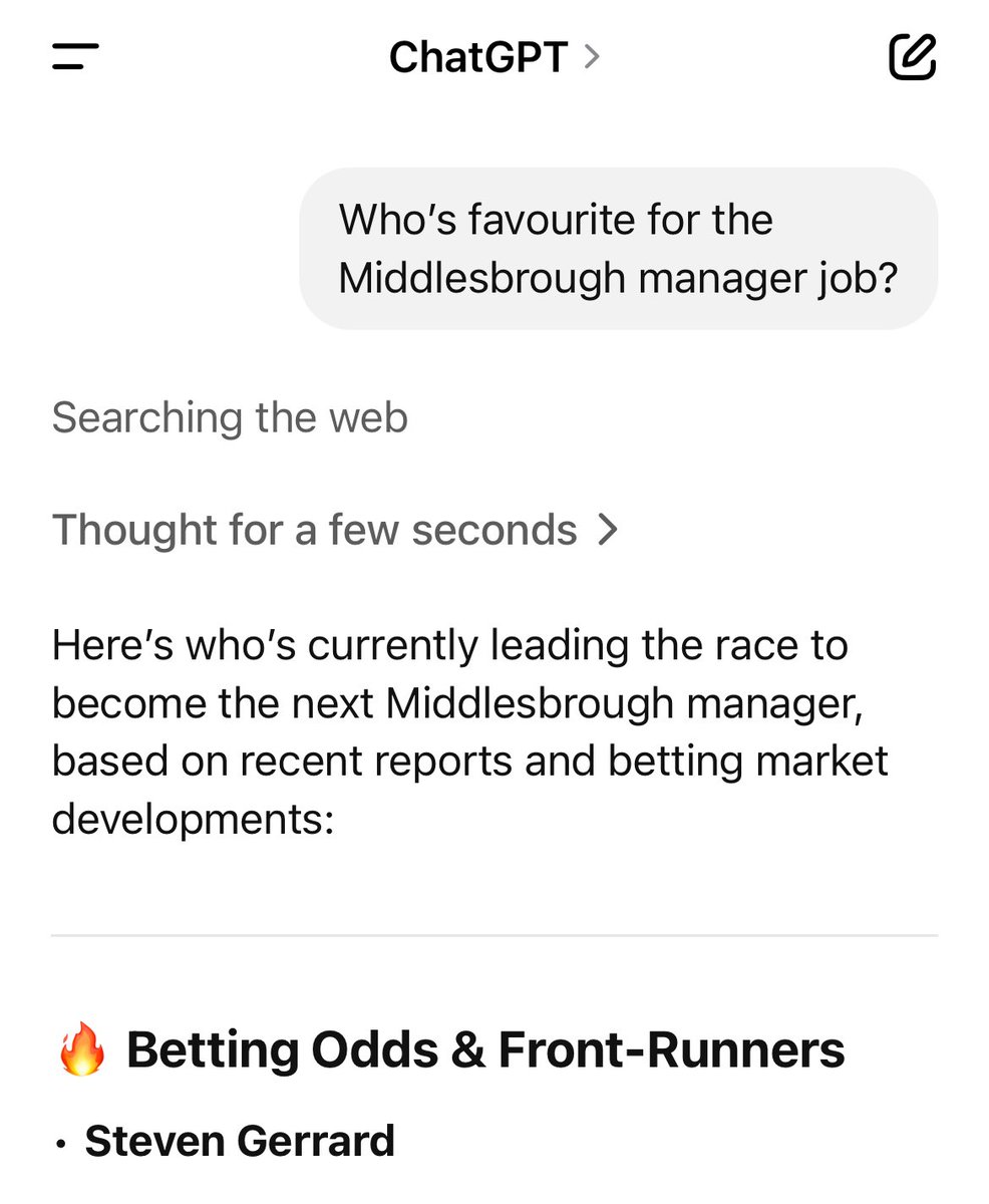 James Smith (@mista_smith) on Twitter photo Should we worry that according to ChatGPT Steven Gerrard is favourite for the <a href="/Boro/">Middlesbrough FC</a> job? Should we worry that according to ChatGPT Steven Gerrard is favourite for the <a href="/Boro/">Middlesbrough FC</a> job?