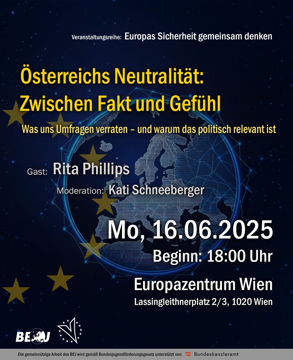 Vienna goes Europe 🇪🇺 (@viegoeu) on Twitter photo Österreichs Neutralität: Zwischen Fakt und Gefühl
Was uns Umfragen verraten - und warum das politisch relevant ist
<a href="/KatiSchneeberg1/">Kati Schneeberger 🇪🇺</a> spricht mit Rita Phillips
am Mo, 16.6. | 18 Uhr - Europazentrum Wien
Veranstaltungsreihe "Europas Sicherheit gemeinsam denken" Österreichs Neutralität: Zwischen Fakt und Gefühl
Was uns Umfragen verraten - und warum das politisch relevant ist
<a href="/KatiSchneeberg1/">Kati Schneeberger 🇪🇺</a> spricht mit Rita Phillips
am Mo, 16.6. | 18 Uhr - Europazentrum Wien
Veranstaltungsreihe "Europas Sicherheit gemeinsam denken"