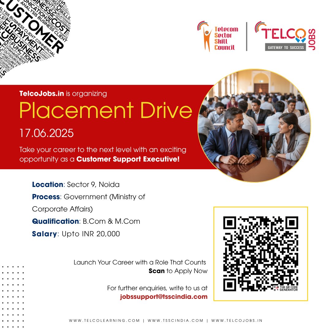 TSSCINDIA's tweet photo. 👉 Apply Now: https://t.co/jdwa2ERp64
 
📩For queries, write to: jobssupport@tsscindia.com
 
#placementdrive #tssc #telecomjobs #customersupport #governmentjobs #noidajobs #freshersjobs #bcomjobs #mcomjobs #careeropportunity #jobportal #telcojobs https://t.co/dHbG0h9xEq