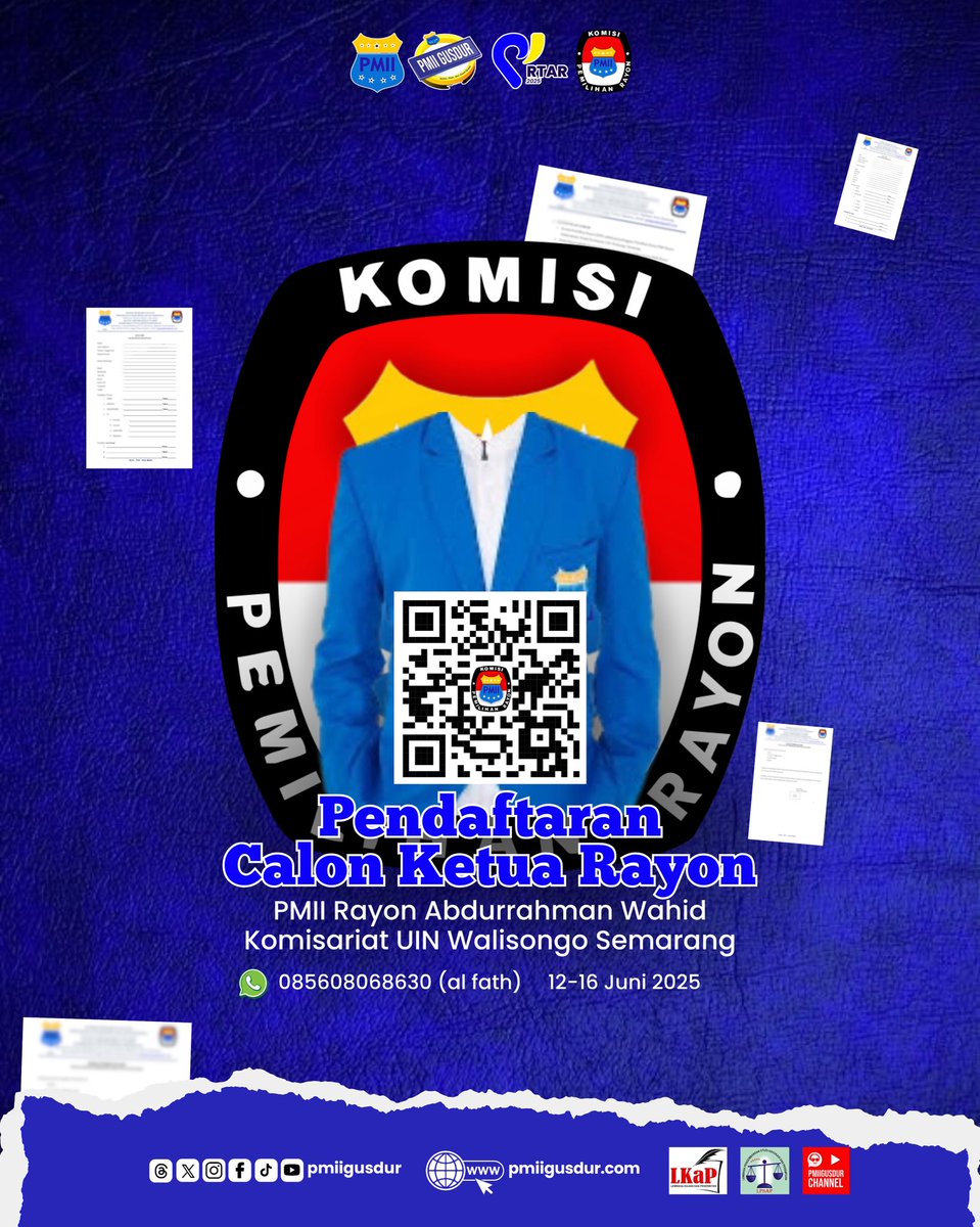 BISMILLAHIRRAHMANIRRAHIM
Pendaftaran Calon Ketua Rayon PMII Rayon Abdurrahman Wahid
Periode 2025-2026 Sudah Resmi Dibuka

Untuk Info Lebih Lanjut Silahkan Scan Barcode Di Atas

CP : Sahabat Al fath (085608068630)

Ilmu dan Bakti Kuberikan
Adil dan Makmur Kuperjuangkan