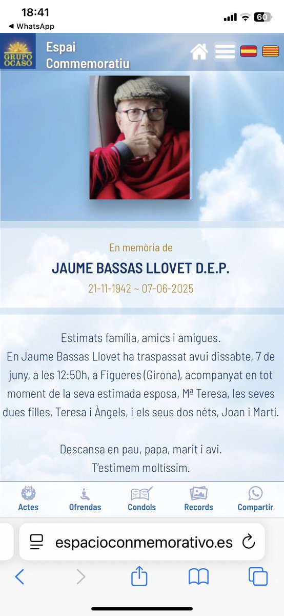 Àngels Bassas (@angelsbassas) on Twitter photo El meu agraïment a tot l'equip mèdic, infermeres, dones de fer feines i personal en general de la secció de pal.liatius a Bernat Jaume de <a href="/HospiFigueres/">Fundació Salut Empordà</a> pel tracte, cura, excel.lent acompanyament que vam rebre, durant la setmana del trist traspàs del meu pare Jaume Bassas Llovet El meu agraïment a tot l'equip mèdic, infermeres, dones de fer feines i personal en general de la secció de pal.liatius a Bernat Jaume de <a href="/HospiFigueres/">Fundació Salut Empordà</a> pel tracte, cura, excel.lent acompanyament que vam rebre, durant la setmana del trist traspàs del meu pare Jaume Bassas Llovet
