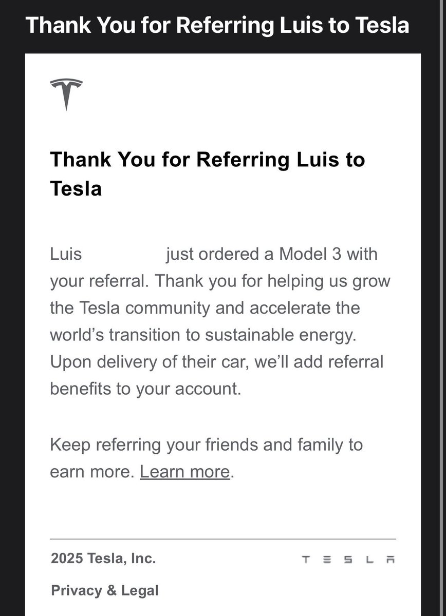 Thank you, Luis, for using my referral link to purchase your new Tesla Model 3! It’s truly an amazing car, and you’re going to love it.  

I enjoy doing these shoutouts on X and my YouTube channel to show my appreciation for all of you. 💪

Get 3 months of Full Self-Driving