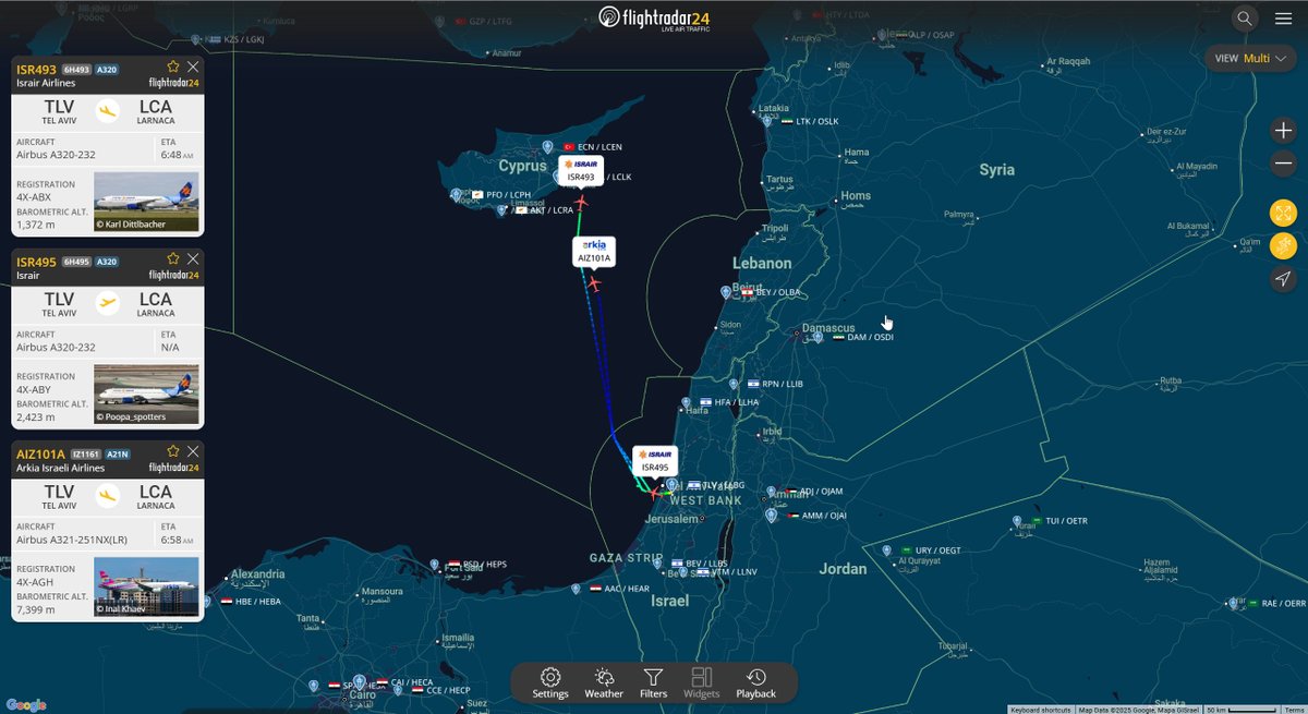 ✈️ Meanwhile, live flight tracking data shows several Israeli civilian aircraft—including Israir and Arkia flights—departing Ben Gurion Airport and heading to Larnaca, Cyprus.
