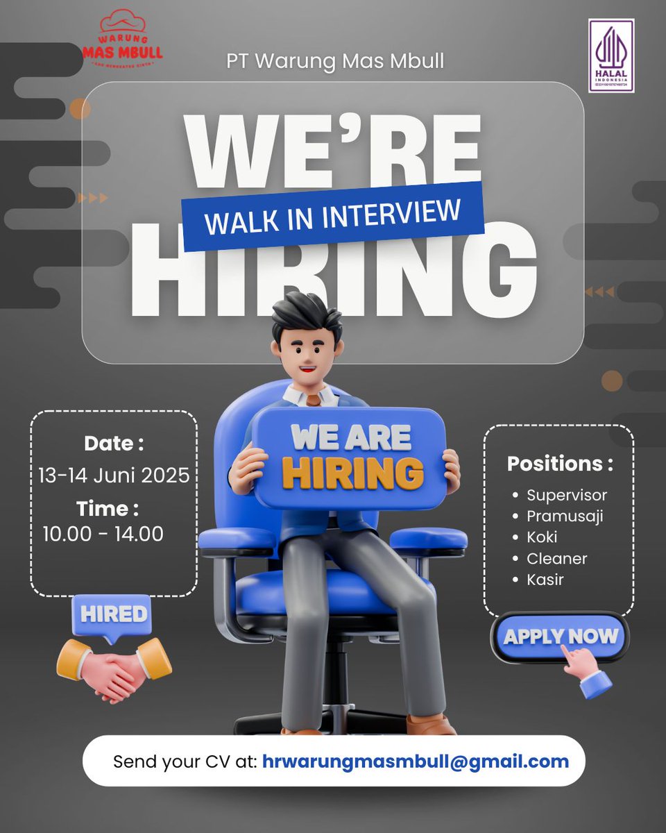 lokersoloraya's tweet image. 📣 WALK IN INTERVIEW!
PT Warung Mas Mbull lagi buka kesempatan kerja

📅 Tanggal: 13–14 Juni 2025
🕙 Waktu: 10.00 – 14.00 WIB

Yuk datang langsung dan bawa CV terbaikmu!
📧 Atau kirim CV ke: hrwarungmasmbull@gmail.com

#WalkInInterview #Loker2025 #WarungMasMbull #LowonganKerja