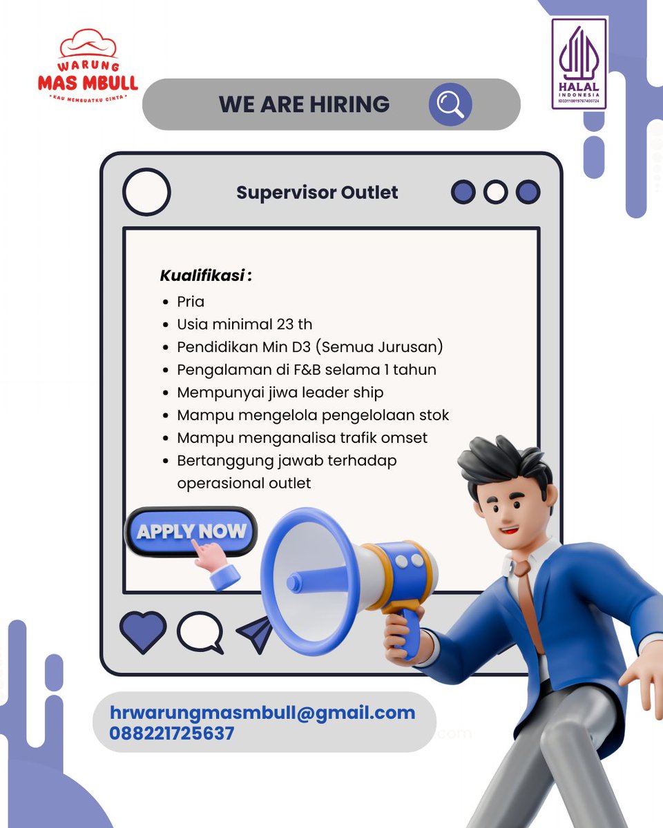 lokersoloraya's tweet image. 📣 WALK IN INTERVIEW!
PT Warung Mas Mbull lagi buka kesempatan kerja

📅 Tanggal: 13–14 Juni 2025
🕙 Waktu: 10.00 – 14.00 WIB

Yuk datang langsung dan bawa CV terbaikmu!
📧 Atau kirim CV ke: hrwarungmasmbull@gmail.com

#WalkInInterview #Loker2025 #WarungMasMbull #LowonganKerja
