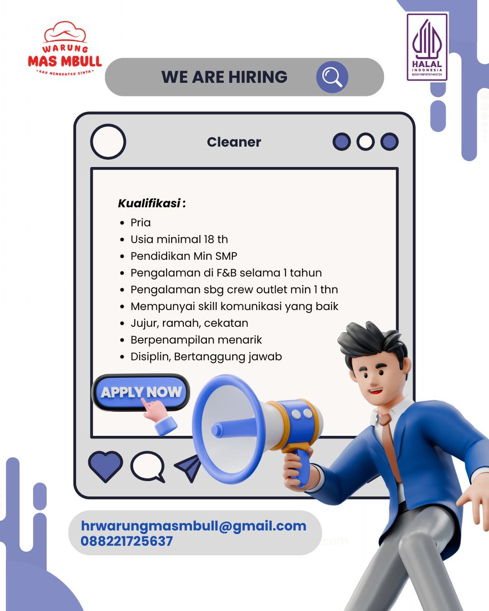 lokersoloraya's tweet image. 📣 WALK IN INTERVIEW!
PT Warung Mas Mbull lagi buka kesempatan kerja

📅 Tanggal: 13–14 Juni 2025
🕙 Waktu: 10.00 – 14.00 WIB

Yuk datang langsung dan bawa CV terbaikmu!
📧 Atau kirim CV ke: hrwarungmasmbull@gmail.com

#WalkInInterview #Loker2025 #WarungMasMbull #LowonganKerja