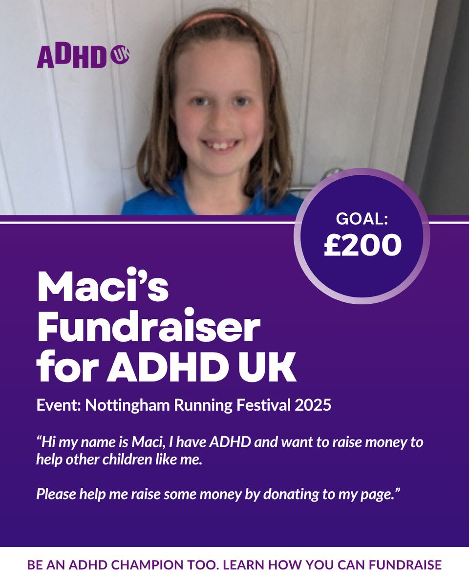 We’re sending a BIG shoutout to Maci, who’s getting ready to run in the Nottingham Running Festival 2025 on August 3rd to raise funds for ADHD UK! 🏃‍♀️🌟

Maci may be little, but her heart is HUGE — she’s already raised an incredible £160 out of her £200 goal. Her determination,