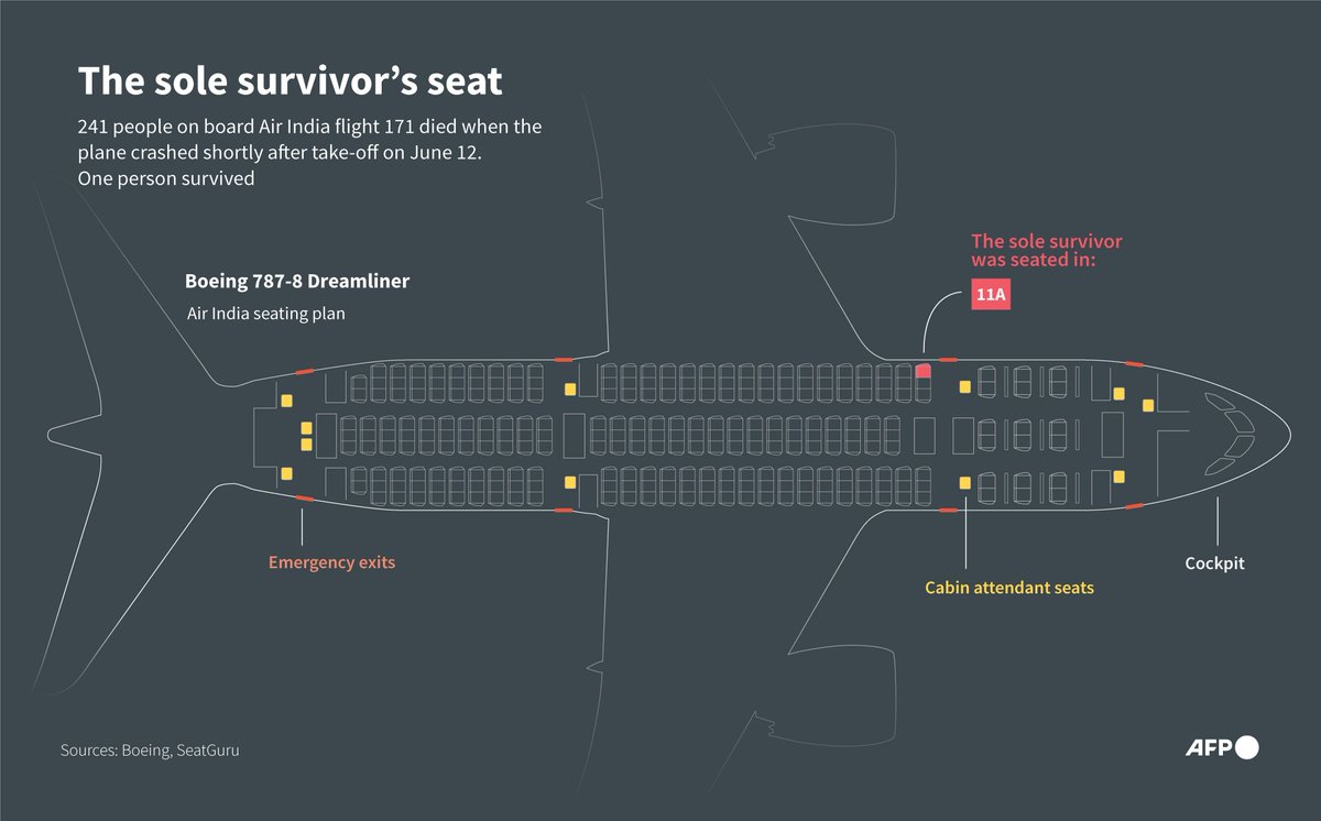The sole survivor's seat.

AFP Infographic showing the seat plan for the Air India Boeing 787 Dreamliner locating where the sole survivor was seated on the June 12 flight AI171