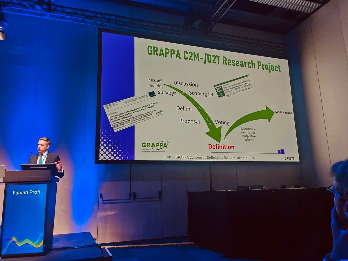 GrappaO's tweet image. Excellent presentation yesterday by Dr. Fabián Proft on GRAPPA’s efforts to define difficult-to-treat psoriatic arthritis (#D2TPsA). A crucial step toward improving understanding and management of these patients. #GRAPPA #EULAR2025