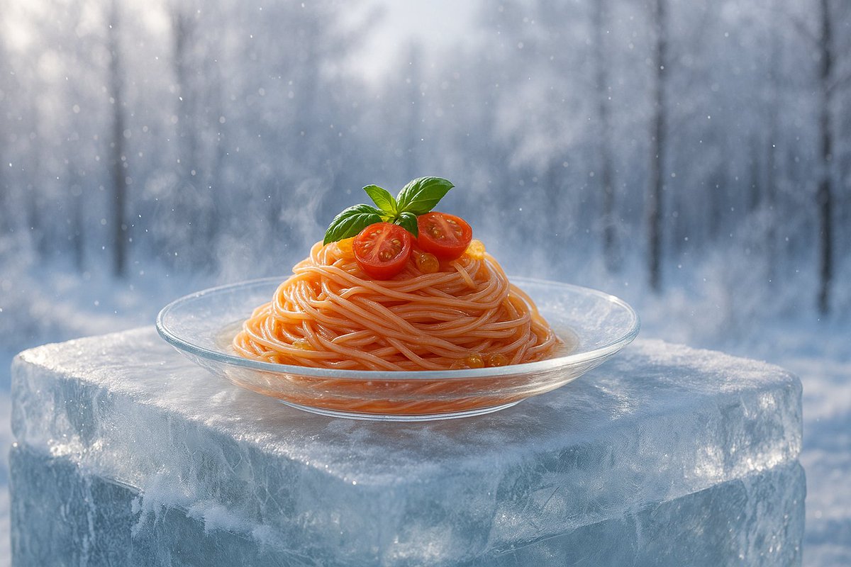 Neko_Hakusyaku's tweet photo. 氷の上に咲く、ひと皿の冷静。AIで描いた冬の美味。
A dish of chill and beauty, born on ice. AI-crafted winter flavor.
#AIアート #冷製パスタ #冬の情景
#AIart #ColdPasta #WinterVibes https://t.co/T0YZx0uLeA