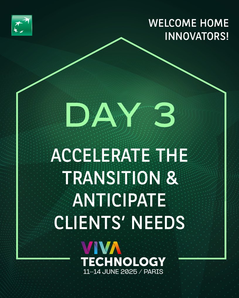 BNPParibas's tweet image. 🎉 Let's go for Day 3️⃣ of @VivaTech
 
🚀 From accelerating the transition to reimagining our services with cutting-edge #tech 💡 , embark on our journey into the future! 
 
Discover how we are innovating to support our clients' future needs.
#BNPPInnovationNest #VivaTech