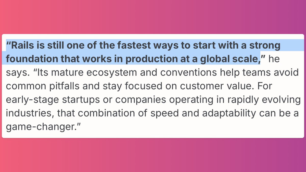 "Rails is still one of the fastest ways to start with a strong foundation that works in production at a global scale"

From: rubycentral.org/news/company-s…

#Ruby #Rails #Builders