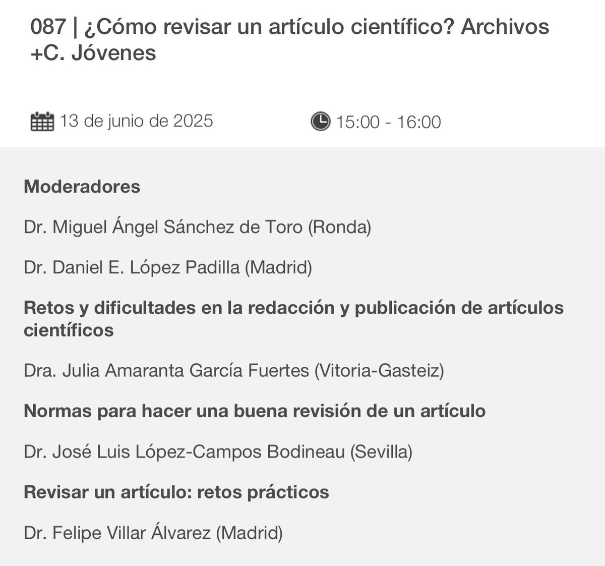 Has mirado el programa del congreso y estás indeciso?
En <a href="/SeparJovenes/">SeparJóvenes</a> hemos organizado sesión junto a <a href="/ArchBronconeumo/">Archivos de Bronconeumología (FI 9,2 D1)</a> :  “¿Cómo revisar un artículo científico?” 
Te esperamos!

📅 Viernes 13 de junio
🕒 15:00
📍 Sala 0B – Planta 0

#SEPAR2025 #JóvenesSEPAR