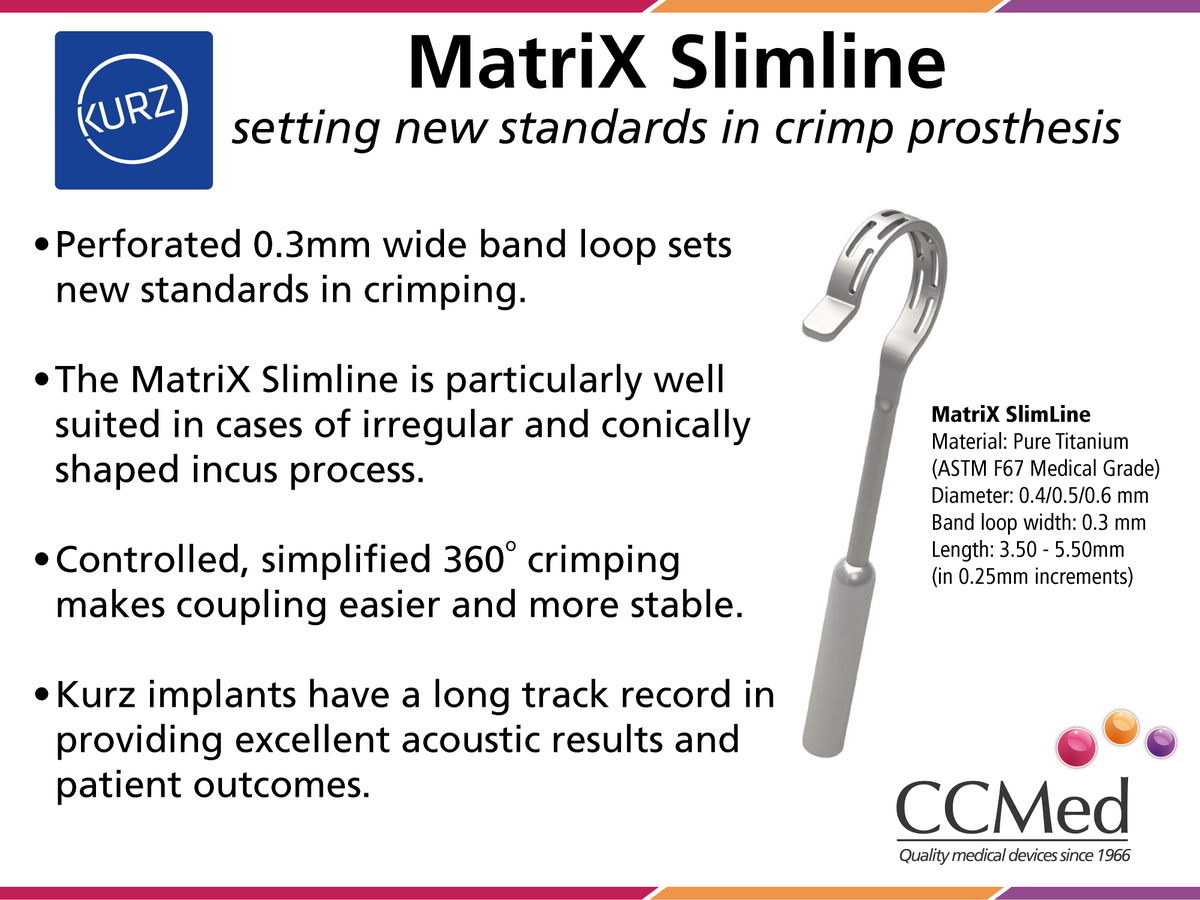 Are you aware of the extensive range of #stapedioplasty impacts from #KurzMed?

The range presents options whether you Crimp, CliP or laser.

Here we feature theMatriX Slimline - setting new standards in crimping implants.

#otology #ENT #hearingresults #earsurgery
