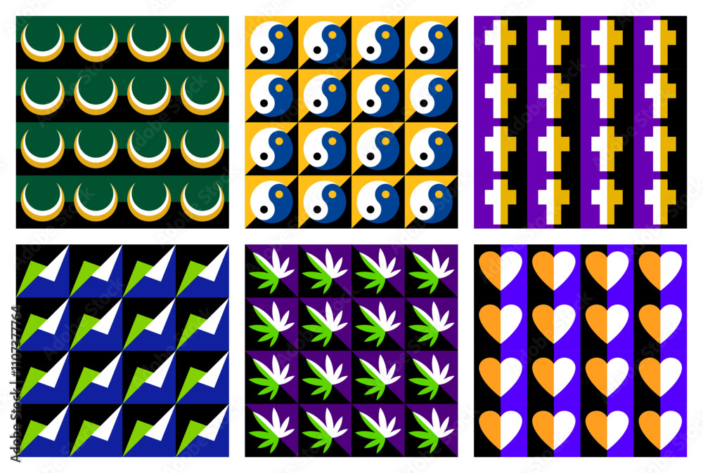 yurrey_p's tweet photo. Dynamic #collection of #seamlesspatterns featuring crescent moons, yin-yang symbols, crosses, and vibrant hearts. Perfect for retro designs, textile prints, or digital art projects. #StockVector | #AdobeStock https://t.co/0mk8bBrbWw https://t.co/Pa4ucQDH4X