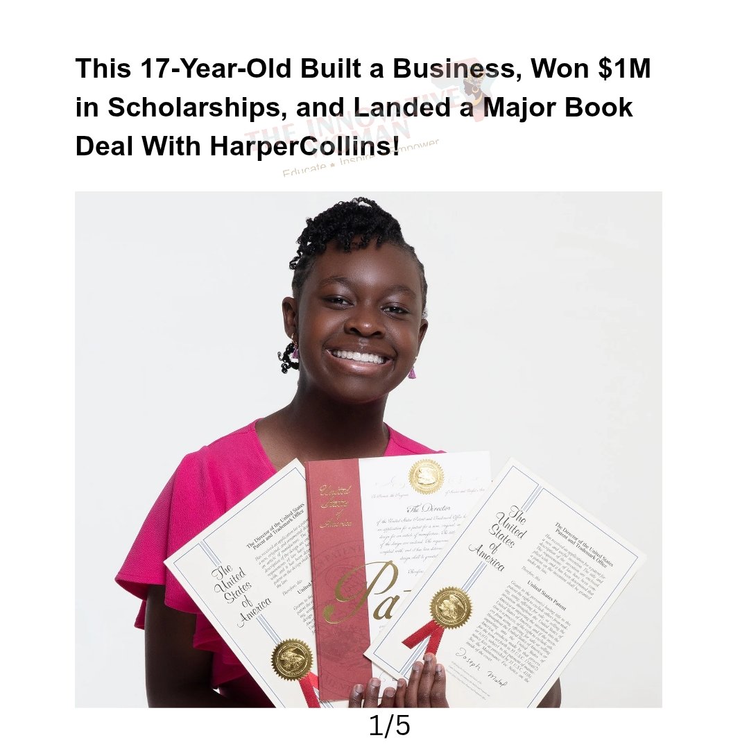 theinnovativeWA's tweet image. This 17-Year-Old built a Business, won $1M in scholarships, and Landed a Major Book Deal with HarperCollins.

Tag a young girl with big dreams, and let’s remind her that she can achieve anything 💙 .

#InnovativeWomanAfrica #WCW #Kidpreneur #WomenInBusiness #GaBBYGoodwin