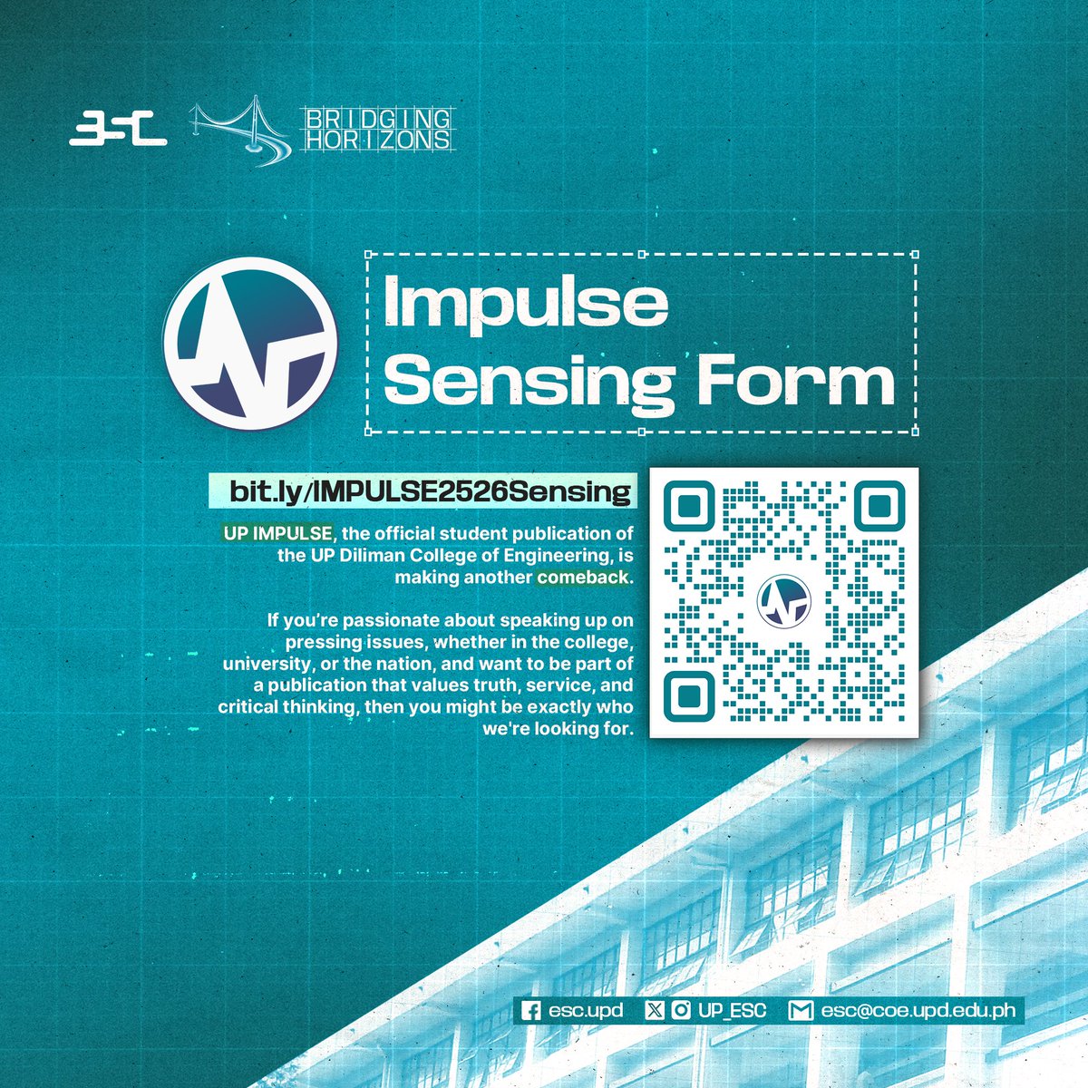 [UP IMPULSE 2526 SENSING FORM]

𝐓𝐡𝐞 𝐏𝐮𝐥𝐬𝐞 𝐢𝐬 𝐛𝐚𝐜𝐤.

UP IMPULSE, the official student publication of the UP Diliman College of Engineering, is making a comeback.

Fill out this short sensing form and let us know your interests:
bit.ly/IMPULSE2526Sen…

#IMPULSE2526