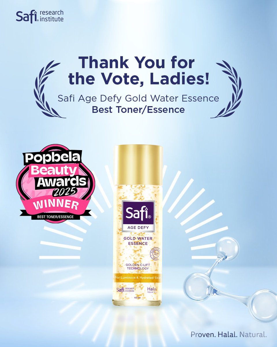 SafiIndonesia's tweet photo. Terima kasih, Ladies!
Berkat support dan vote dari kalian, Safi Age Defy Gold Water Essence
berhasil meraih penghargaan BEST TONER/ESSENCE
di Popbela Beauty Awards 2025 – Skin Category 🏆

#KamuFokusKami #SafiIndonesia #SafiResearchInstitute https://t.co/ztQc9X6wgv