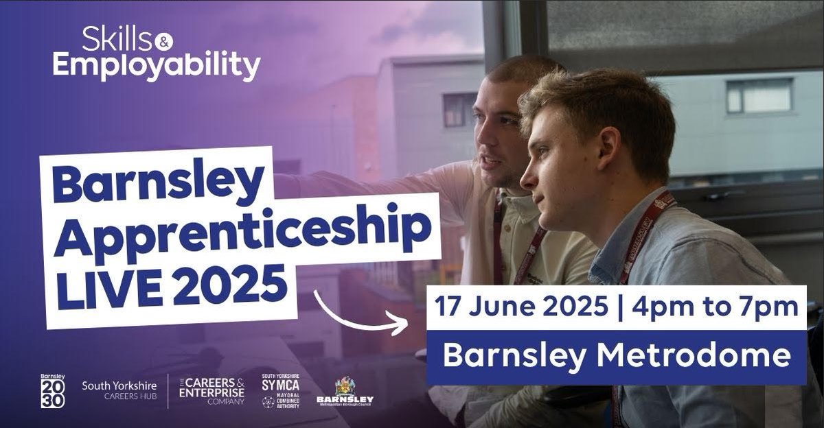 Next week: Barnsley Apprenticeship LIVE on Tuesday 17 June, 4pm to 7pm at Barnsley Metrodome! 

Y10/Y11 can meet local employers &amp; training providers, learn about the careers that apprenticeships can lead to, &amp; chat to current apprentices to hear all about their experiences.

💜