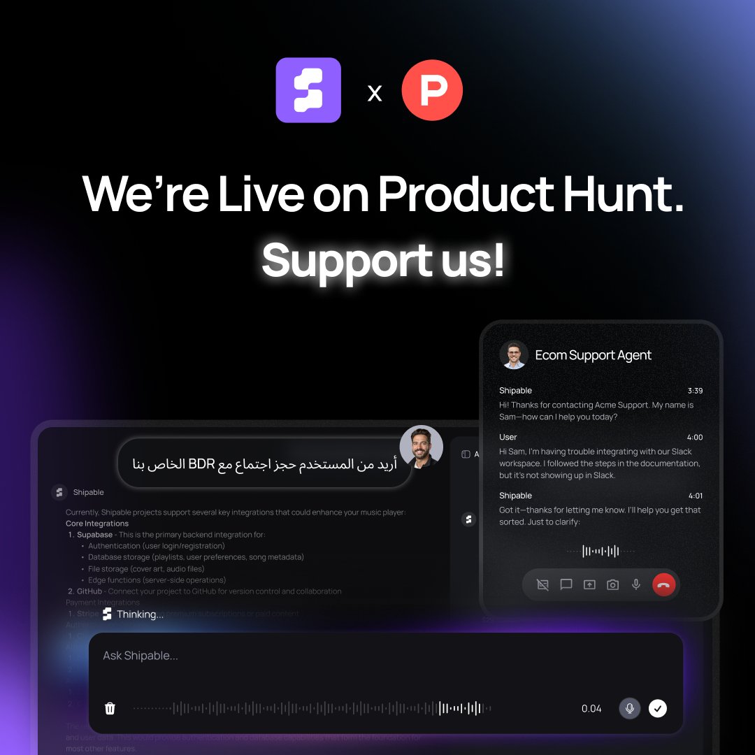 cntxtai's tweet photo. 🚀 Shipable is live on @ProductHunt !

From prompt → AI agent in minutes.
No logic blocks. No fiddly UIs.
Built for builders tired of duct-taping tools.

🔥 Show some love → https://t.co/y7mjW9TdCA https://t.co/Tz0PFIlruQ