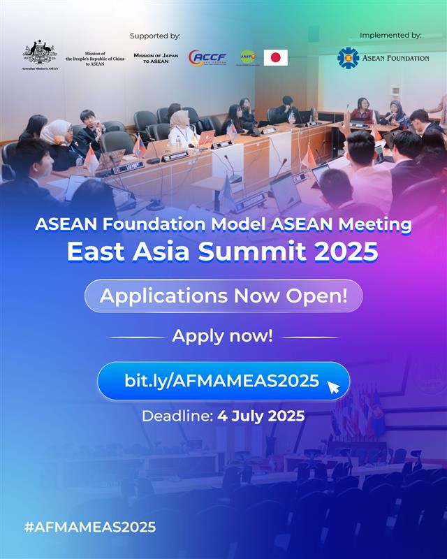 Calling undergrads from 🇹🇭, <a href="/ASEAN/">ASEAN</a> and East Asia Summit countries to join the <a href="/aseanfoundation/">ASEAN Foundation</a> Model EAS 2025 in 🇮🇩 Jakarta this September!

💼 Simulate high-level diplomacy
📚 Receive expert training
🤝 Build networks across the region

Apply now👉 bit.ly/AFMAMEAS2025
