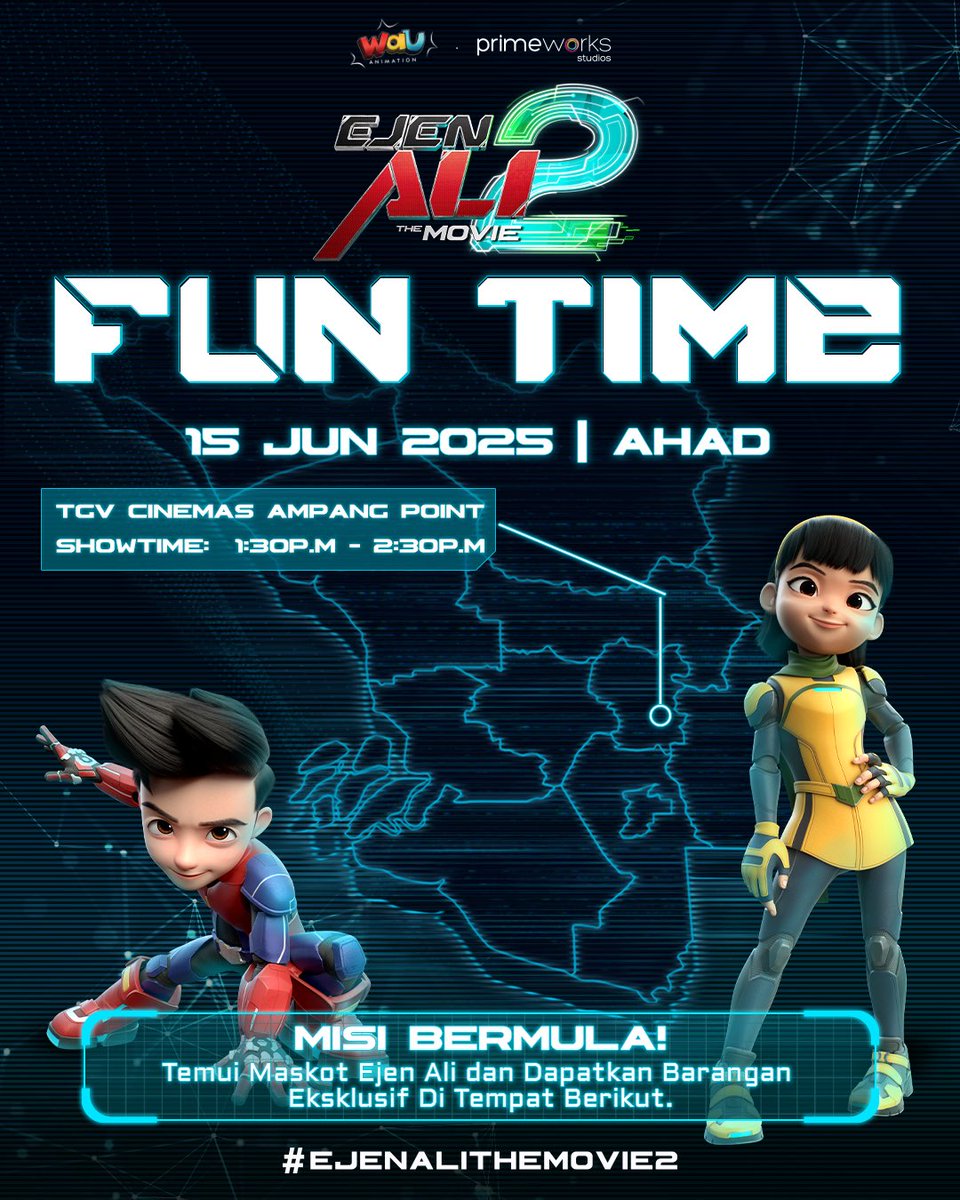 PERHATIAN EJENS 🚨

Misi Fun Time bersama Ejen Ali The Movie 2 diteruskan lagi ke TGV Opulze Shopping Centre dan TGV Ampang Point pada Sabtu dan Ahad ini. Jangan lepaskan peluang untuk join sama-sama!

#ejenalithemovie2 #eatm2 #ejenali  #AniMY #sapotlokal #SaluteAnimatorTempatan