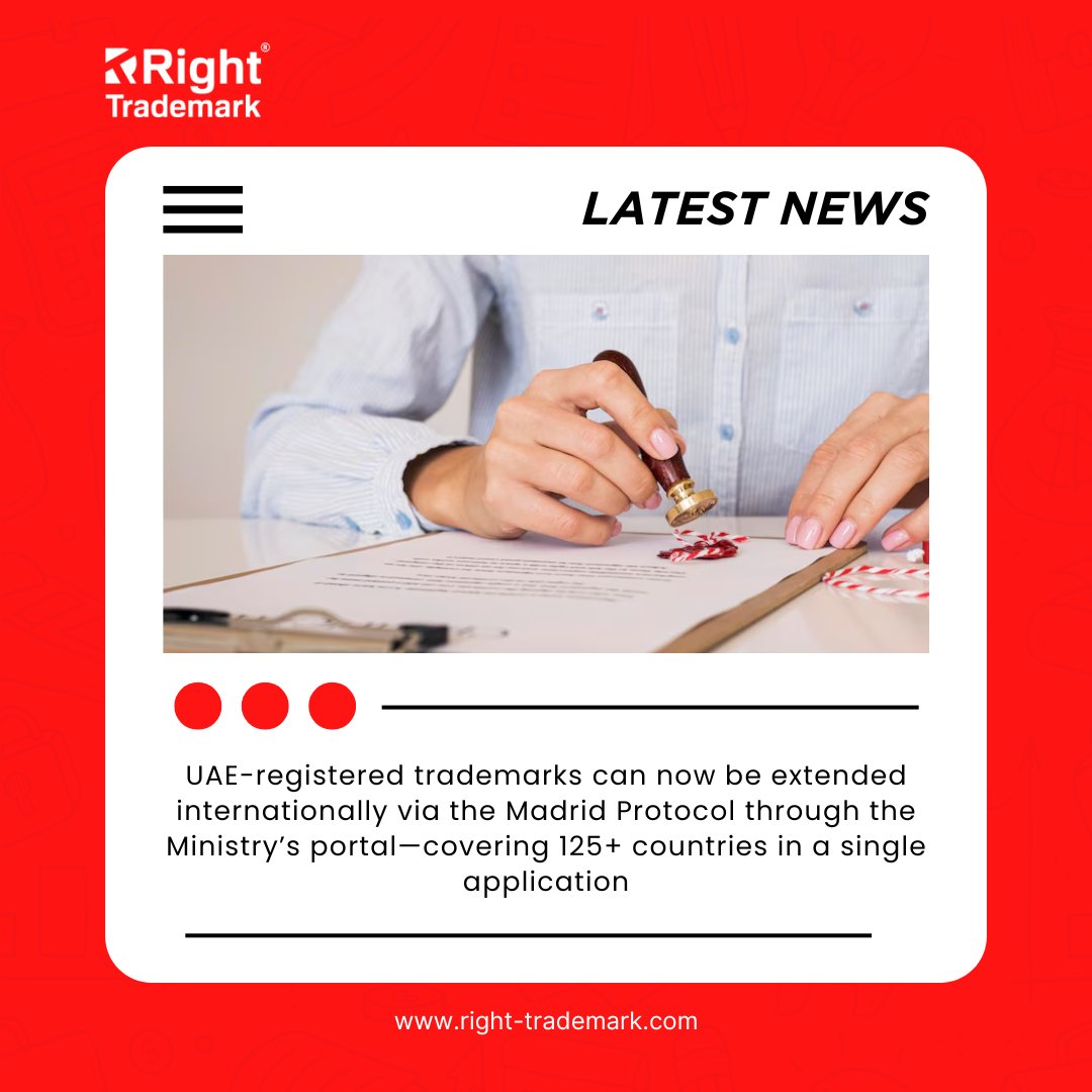 RightTrademark's tweet image. 🌍✨ Big News for UAE Brands!

Your UAE-registered trademark can now go global with just one application 🌐 

🌐 Visit right-trademark.com to start your international trademark journey today!

#Trademark #MadridProtocol #UAETrademarks #InternationalTrademark #BrandProtection