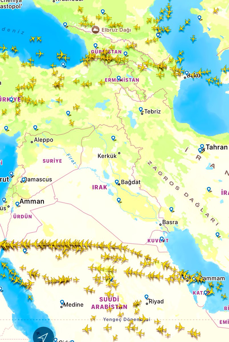WUAttack's tweet image. Hava Sahasında Son Durum

Bölge Uçuşlara Kapatıldı
İran, Irak, Suriye ve Ürdün hava sahaları boşaltıldı.

🛑 Hava sahaları tamamen boşaltılan ülkeler:
– İran
– Irak
– Suriye
– Ürdün
- Kuveyt
- Lübnan
- İsrail

✈️ Uçuşların büyük bölümünün Suudi Arabistan üzerinden gerçekleştiği