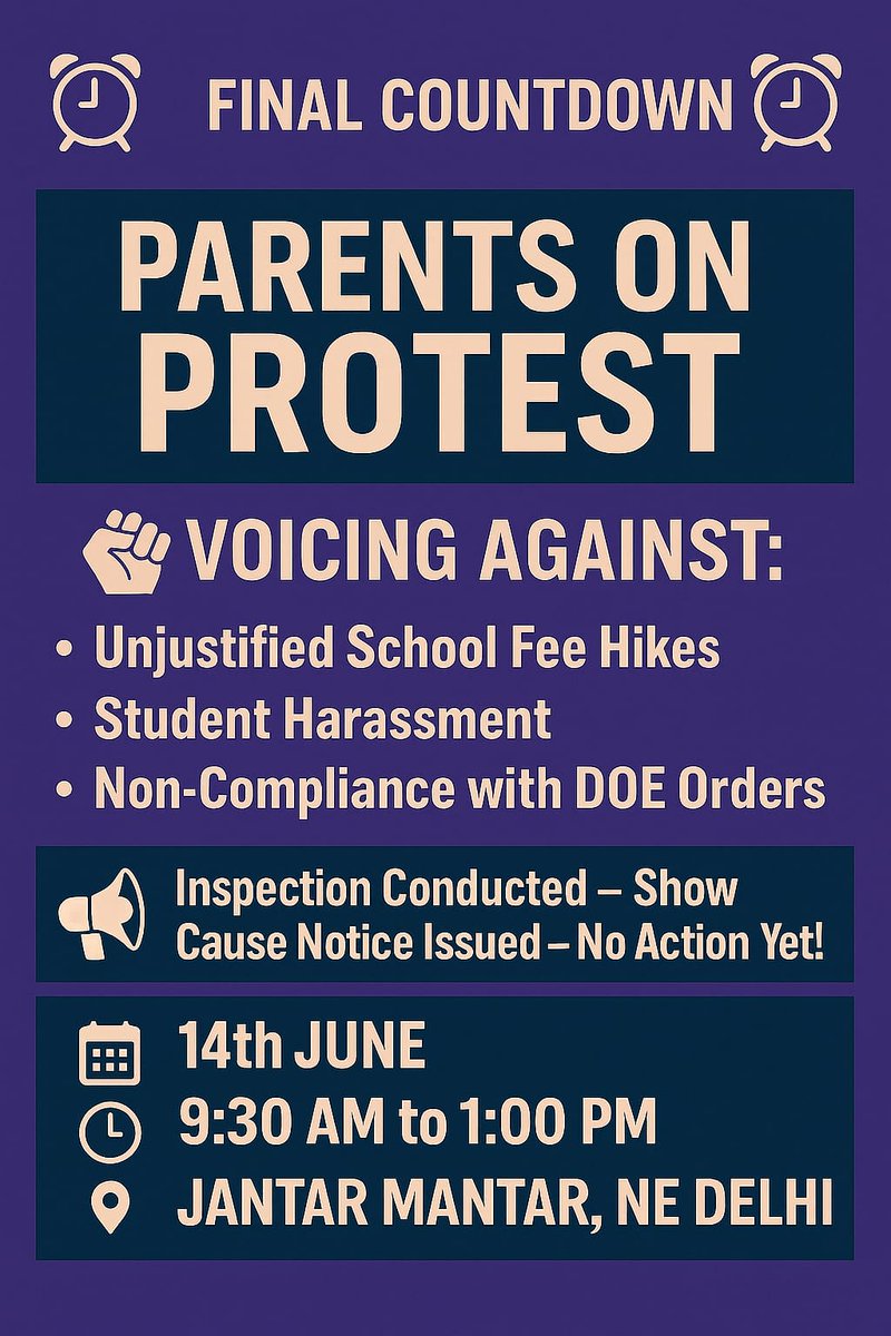 UnitedParentsVC's tweet photo. DELHI PARENTS, IT’S TIME TO STAND TOGETHER!
📢 Join DPS Dwarka Parents at JANTAR MANTAR on 14th June
Let’s raise ONE UNITED VOICE for our children’s rights!
📍 Jantar Mantar, Delhi
🗓 14th June | 🕘 9:30 AM – 1:00 PM
#ParentsForJustice #StopChildHarassment #DelhiParentsProtests https://t.co/GEsU6C0D0I
