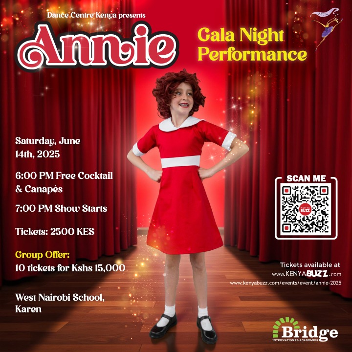✨ Gala Night Magic ✨
A night of glitz, glam, and pure musical joy at Annie the Musical! Witness timeless talent and heart on stage. 

📍 West Nairobi School 
🗓️ June 14 2025
🎟️ Buy tickets: kenyabuzz.com/events/event/a…

Cocktail hour at 6pm, Show starts at 7pm.🍸

#DanceCentreKenya