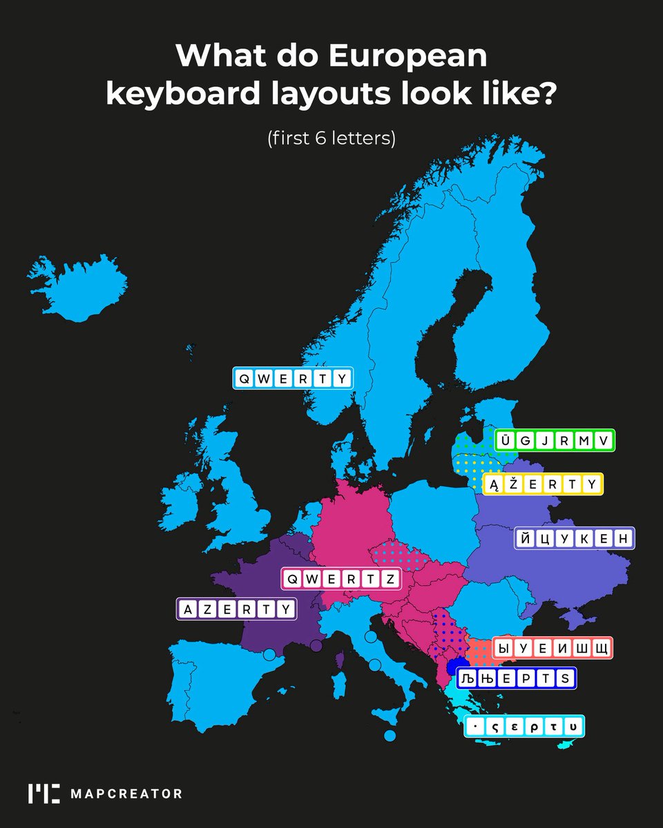 mapcreator_io's tweet image. Here are the key differences in keyboard layouts across Europe! 🇪🇺 #keys #mapcreation