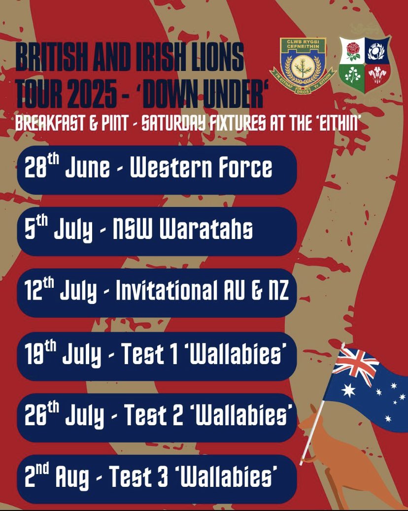 Breakfast and a Pint for £10.00 (cash only) for ALL Saturday British and Irish Lions games down at the ‘eithin. Club opens at 10.30 am with last orders for Breakfast at 12 midday. FREE soft drink* for any child accompanied by an adult (No Breakfast purchase necessary).
