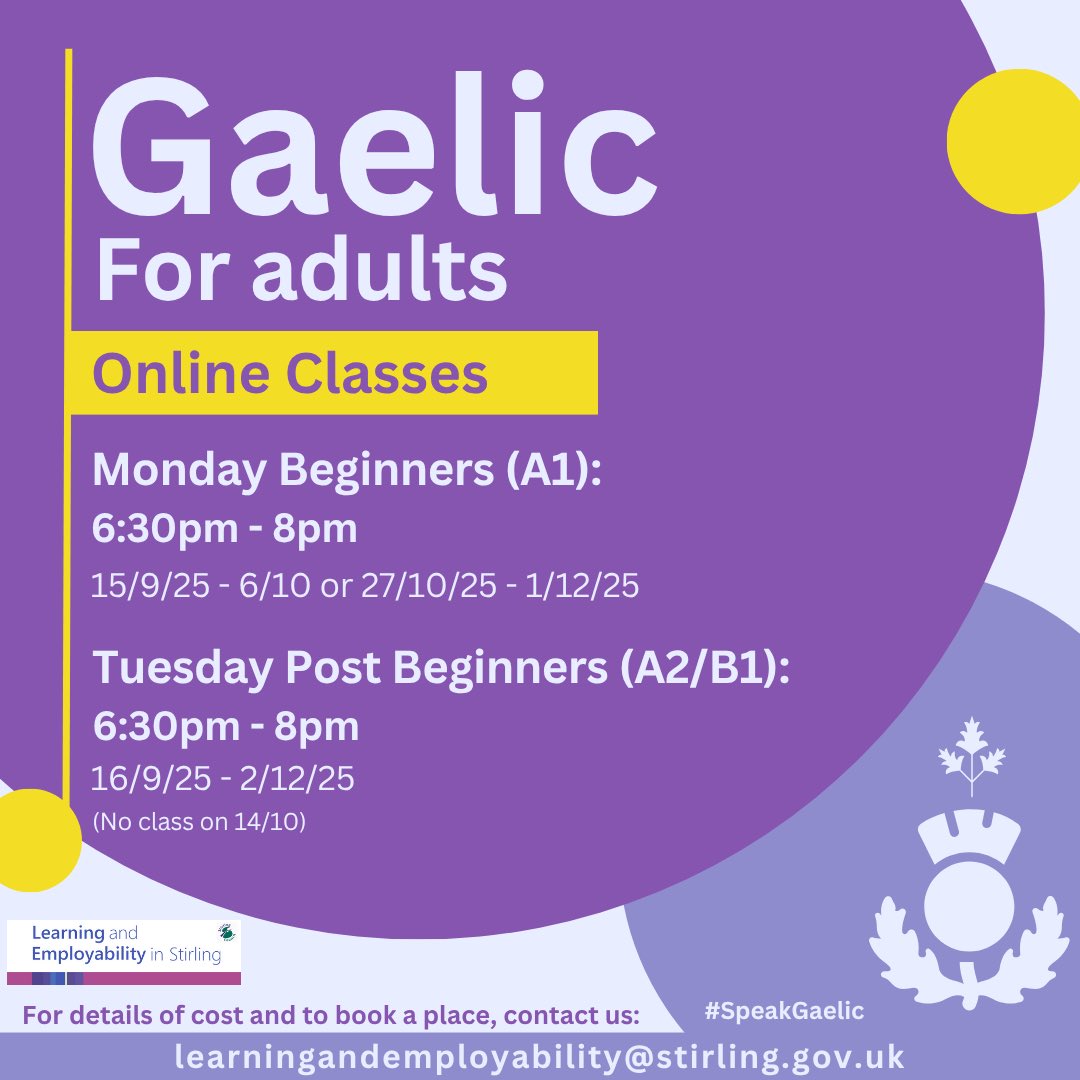 Clasaichean Gàidhlig air loidhne ri fhaighinn ann an Sruighlea. Ma tha clann agad ann am Foghlam tro Mheadhan na Gàidhlig, gheibh sibh lasachadh prìse às a' chosgais. | Online classes are available in Stirling. Parents with children in GME will receive a discount. 

#Cleachdi