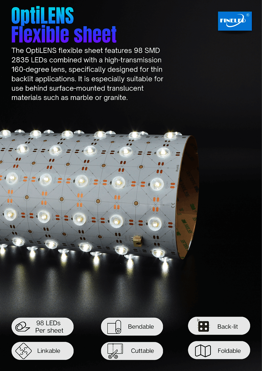 fineledlights's tweet photo. The OptiLENS flexible sheet features 98 SMD 2835 LEDs combined with a high-transmission 160-degree lens, specifically designed for thin backlit applications. It is especially suitable for use behind surface-mounted translucent materials such as marble or granite. https://t.co/M7dKNgxcjq
